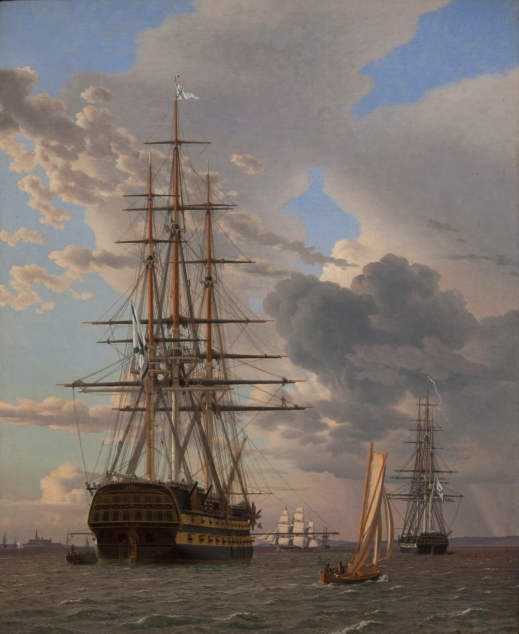 Det russiske Linieskib "Asow" og en Fregat for Anker i Helsingørs Veje af Christoffer Wilhelm Eckersberg
