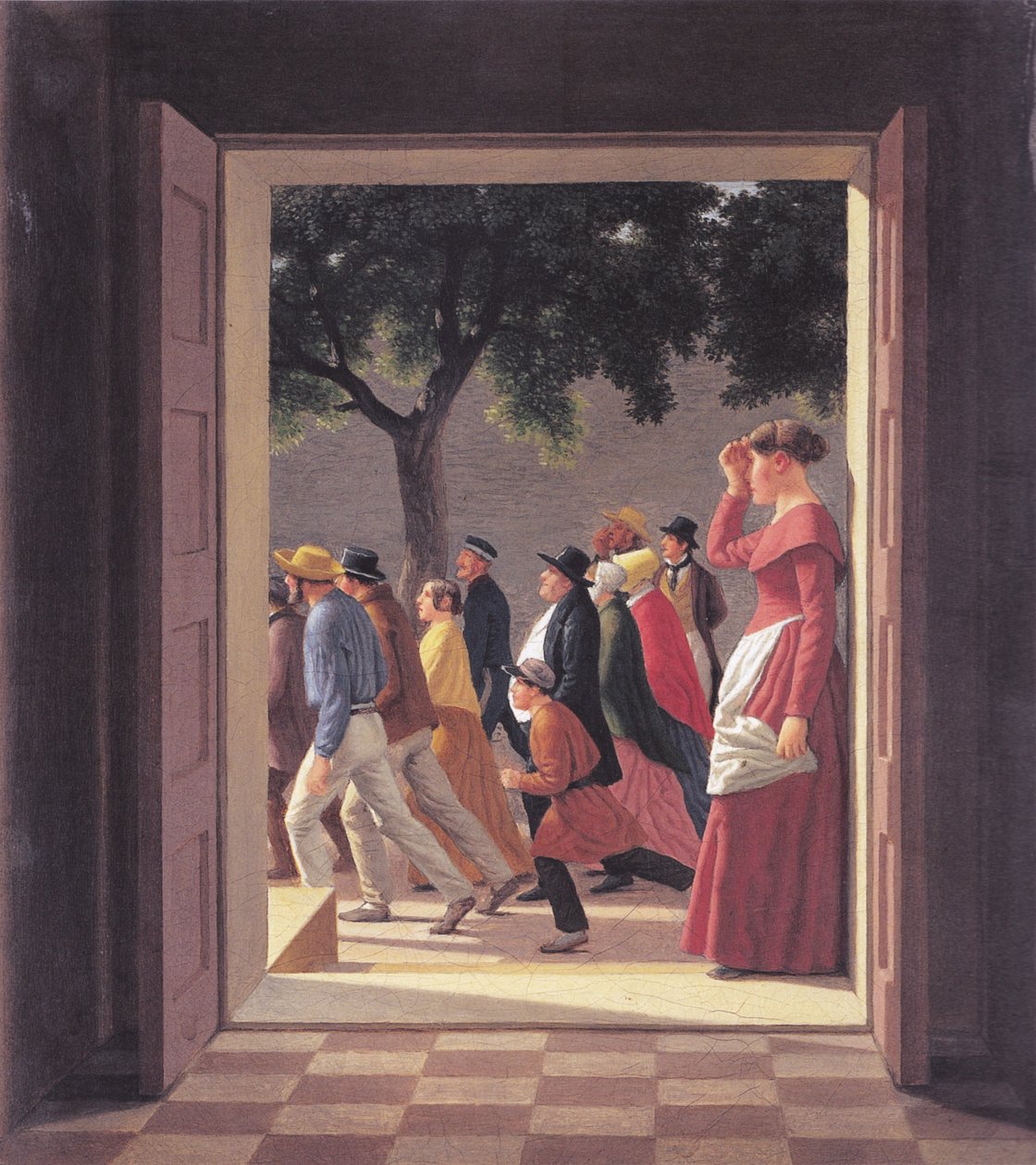 Udsigt gennem en dør til løbende figurer. af Christoffer Wilhelm Eckersberg