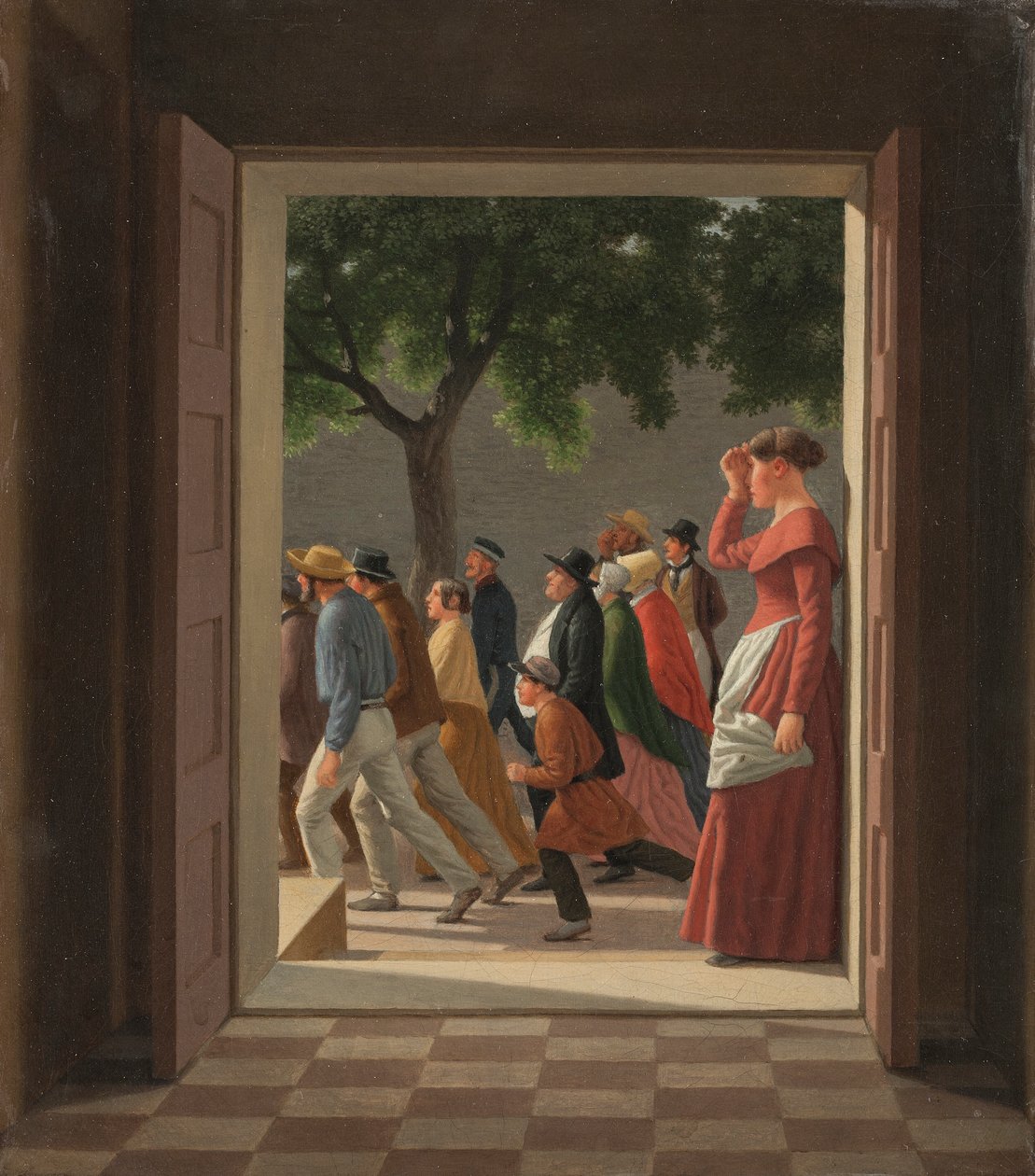 Udsigt gennem en dør til løbende figurer af Christoffer Wilhelm Eckersberg