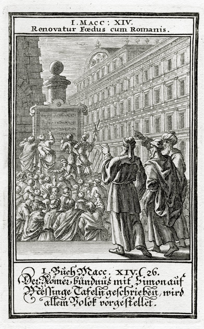 Den romerske alliance med Simon, skrevet på kobberplader, præsenteres for folket, 1 Makkabæerbog 14:26, 1695 af Christoph Weigel