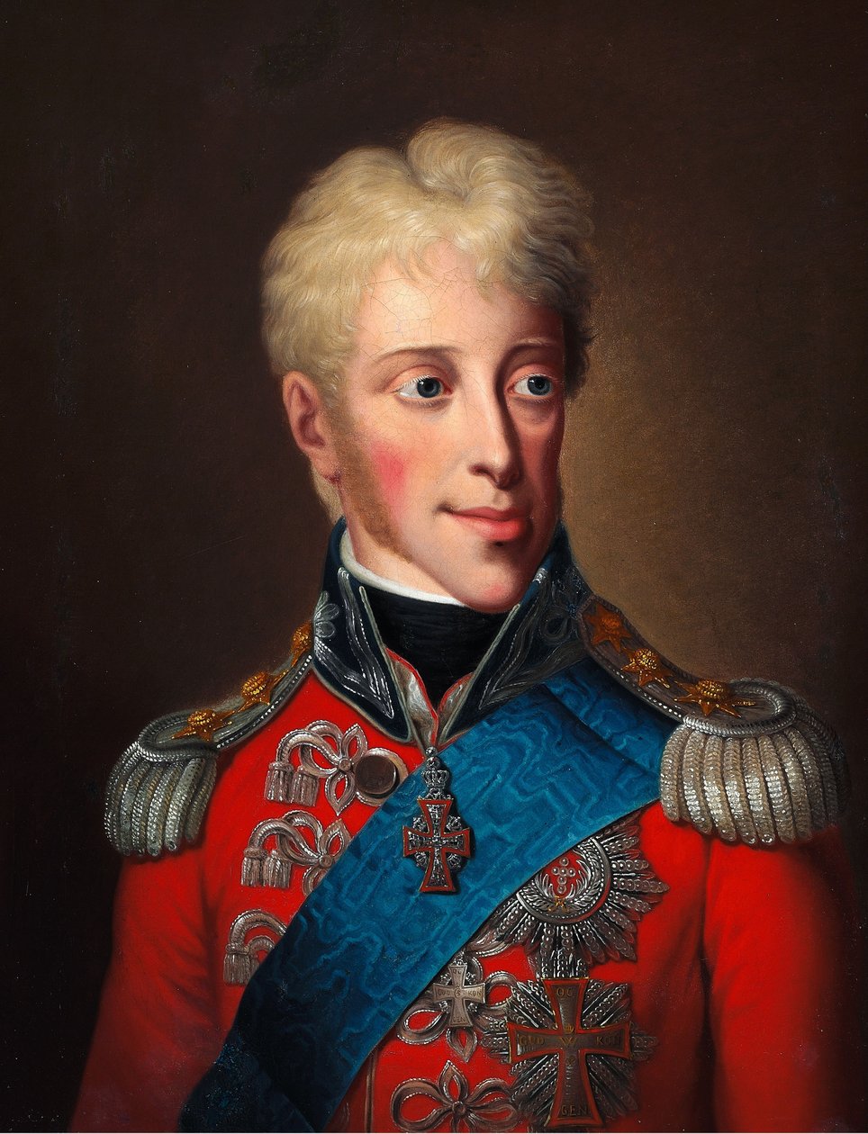 Portræt af Frederik VI (1784-1839) i en rød jakke og med Elefantordenen af Christoph Wilhelm Wohlien