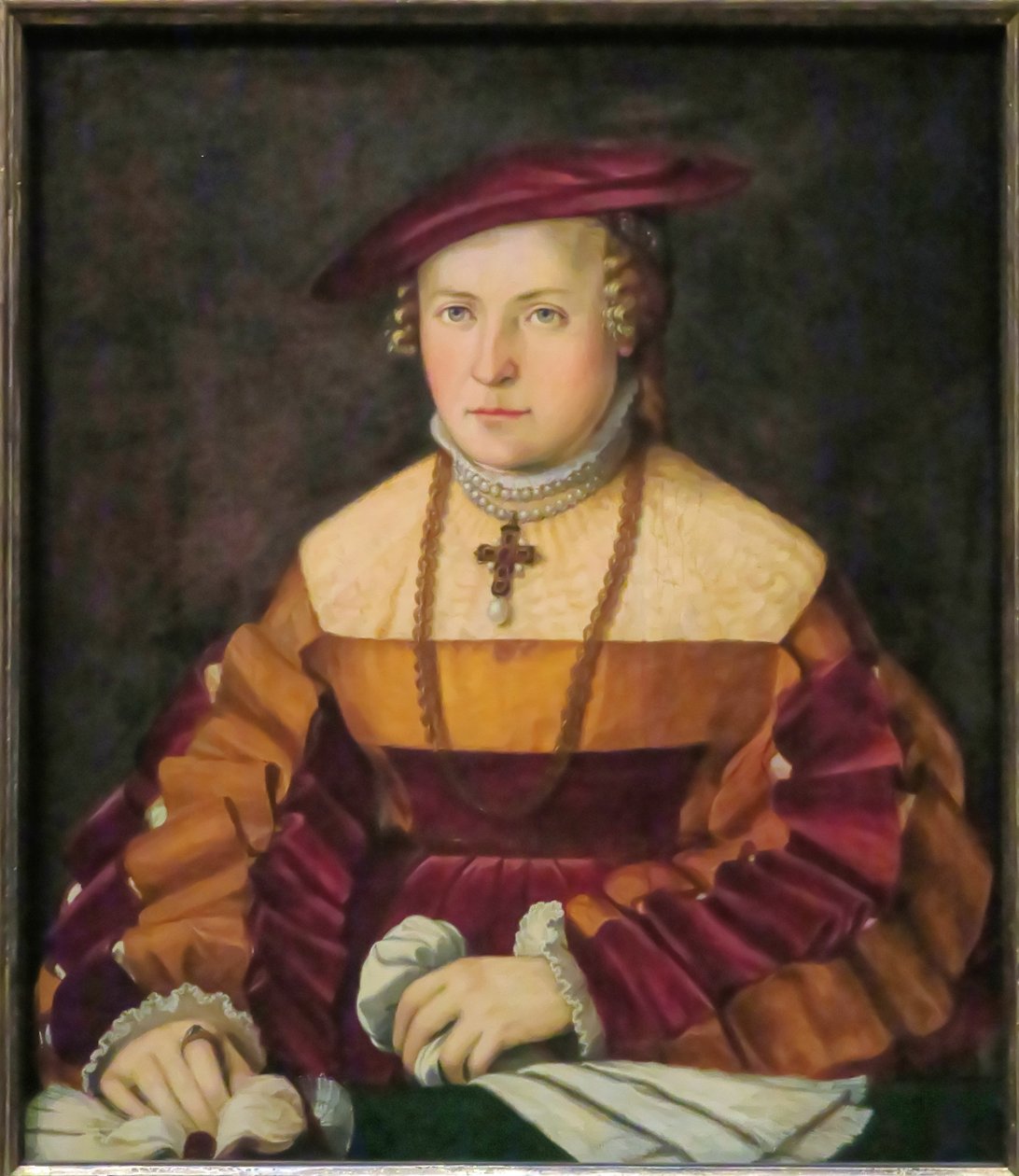 Tysk: Bildnis der Ehefrau des Ulrich Ehinger, Ursula Meuting (d. 1588) (Portræt af Ulrich Ehingers hustru, Ursula Meuting) Portræt af Ulrich Ehingers hustru, Ursula Meuting af Christoph Amberger