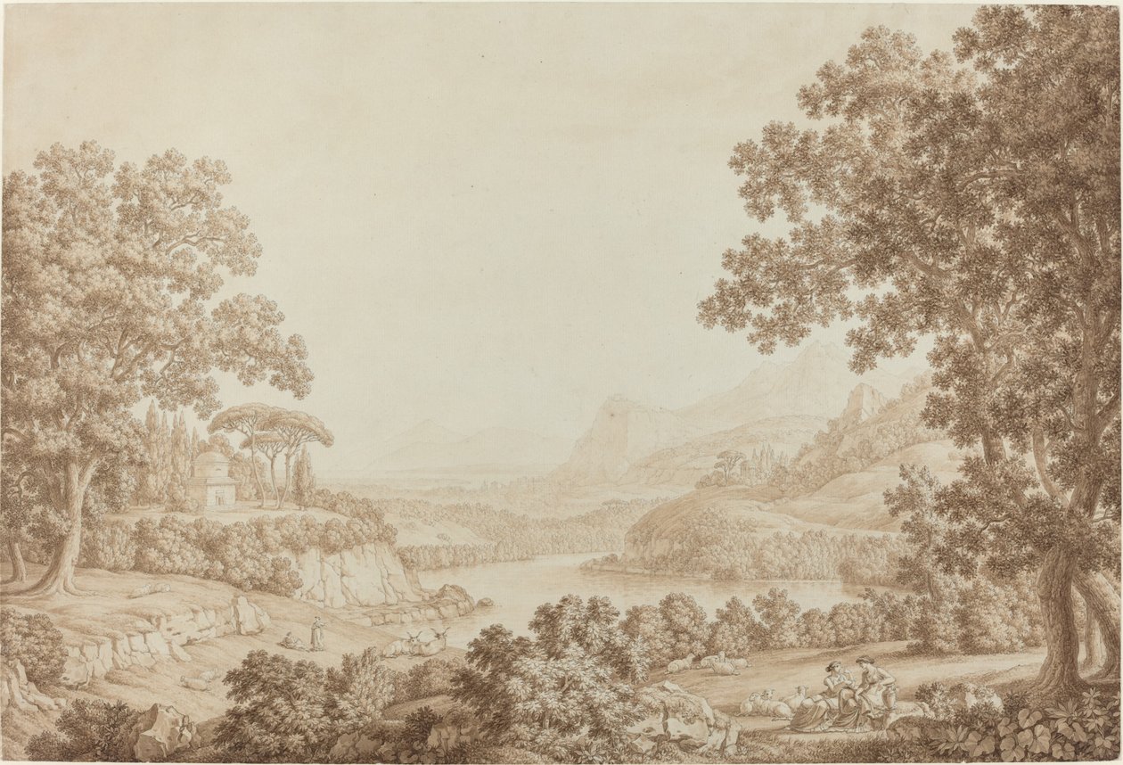 Arkadisk landskab med et mausoleum af Christoph Heinrich Kniep