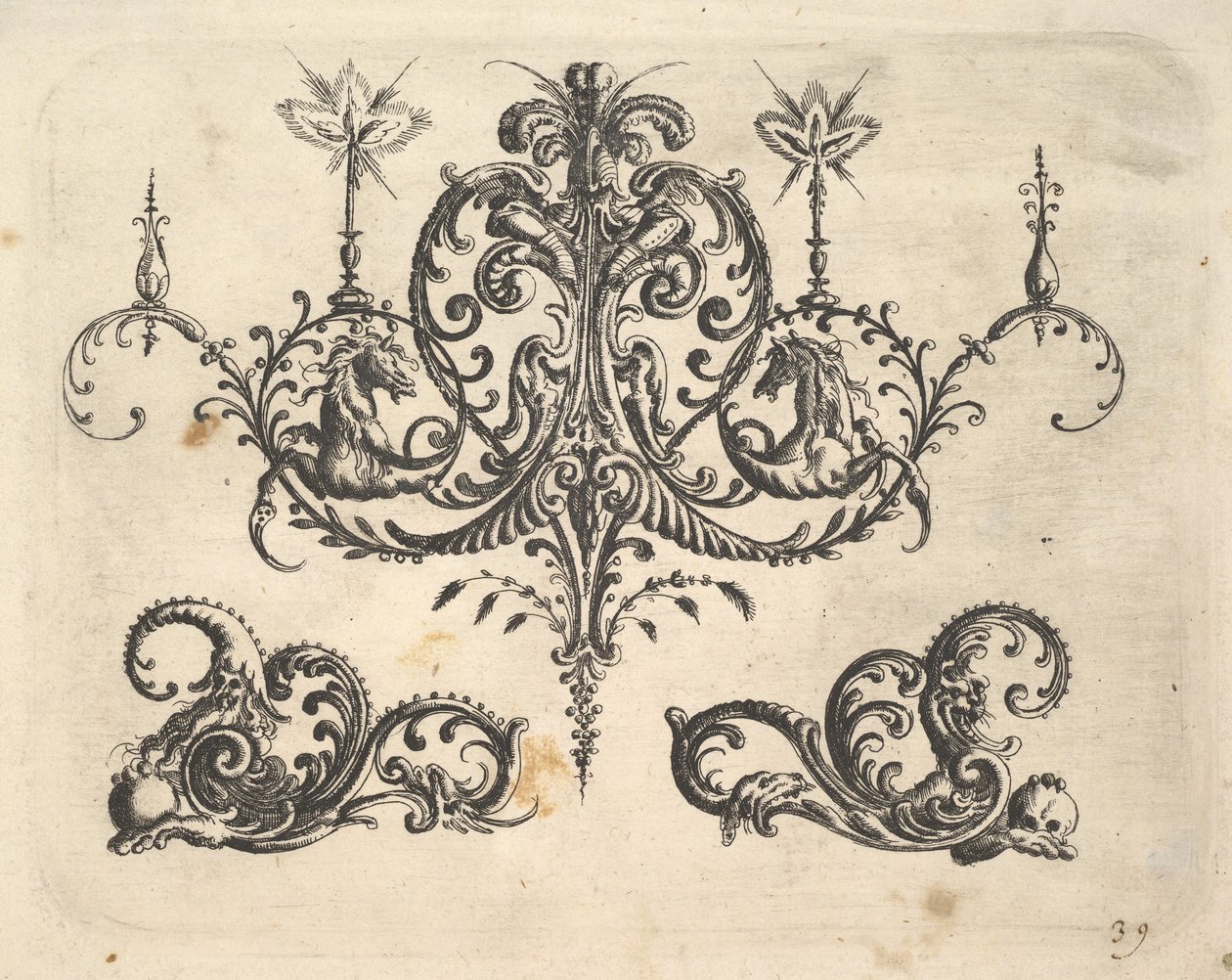 En fantastisk lysekrone med brændende stearinlys og arabesker, nogle ender med fantastisk hest..., 1610. af Christoph Jamnitzer