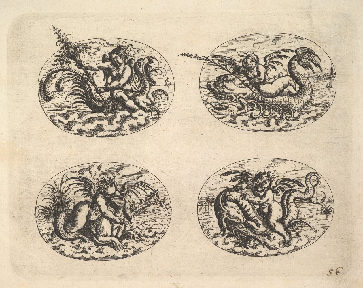 Fire ovaler med Genii, plader fra Neue Grotessken Buch, 1610. af Christoph Jamnitzer