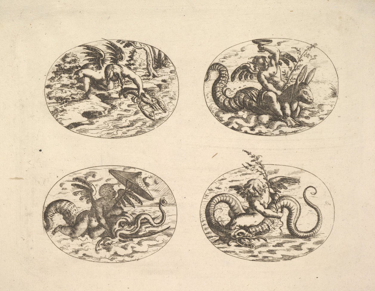 Putti med havmonstre, plader fra Neue Grotessken Buch, 1610. af Christoph Jamnitzer