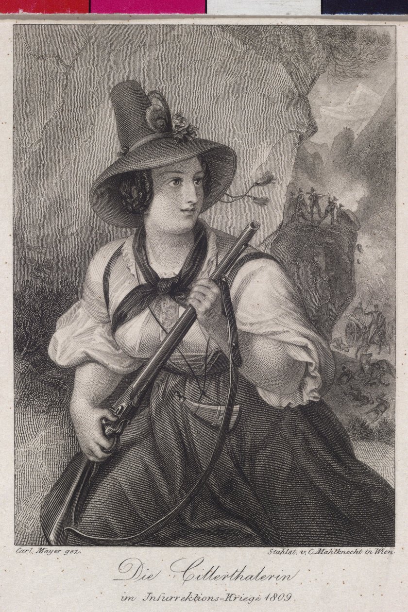 Piger fra Zillertal i tyrolernes frihedskamp 1809 (kobberstik) af Christoph Mahlknecht