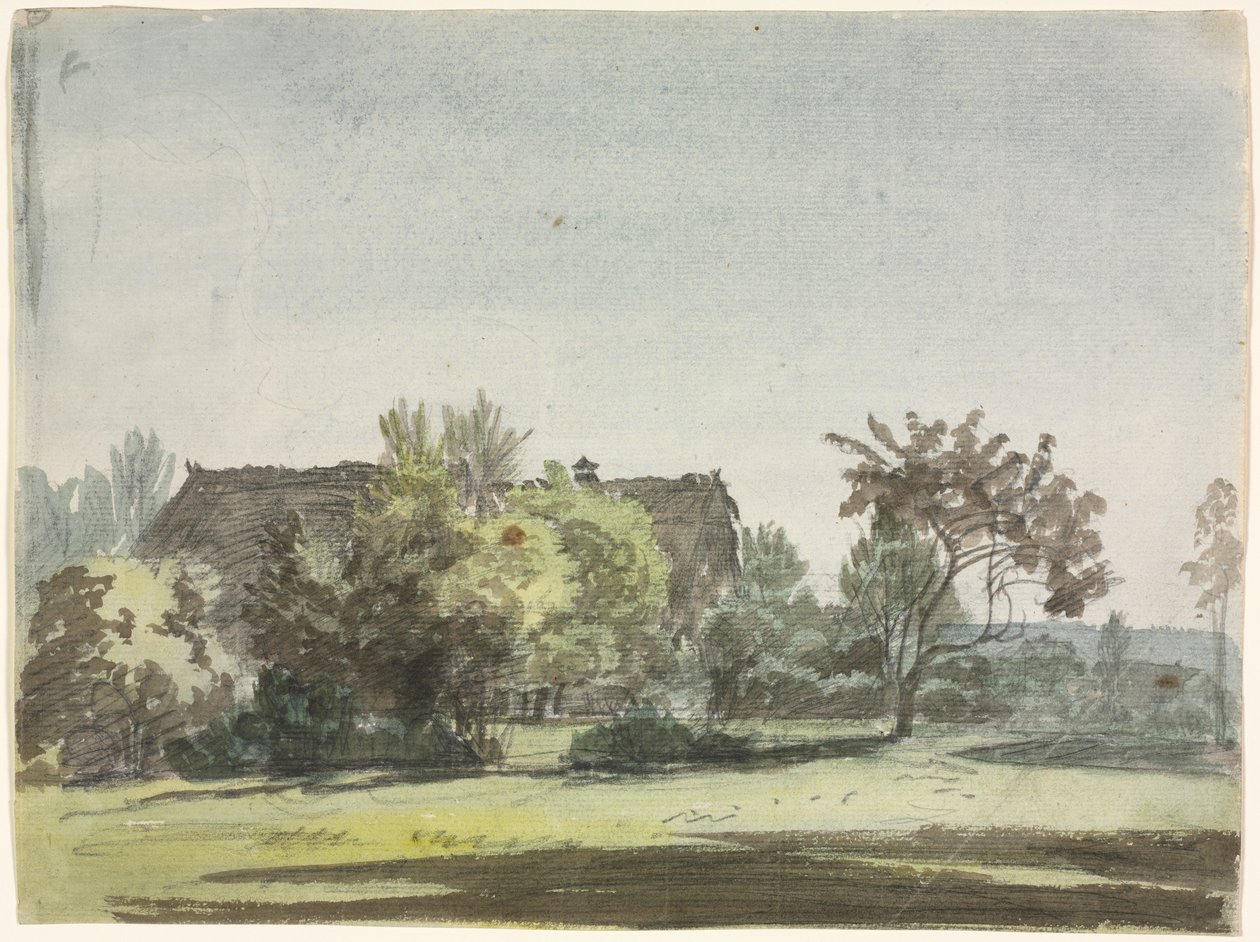 Bondehus bag træer, ca. 1790. af Christoph Nathe