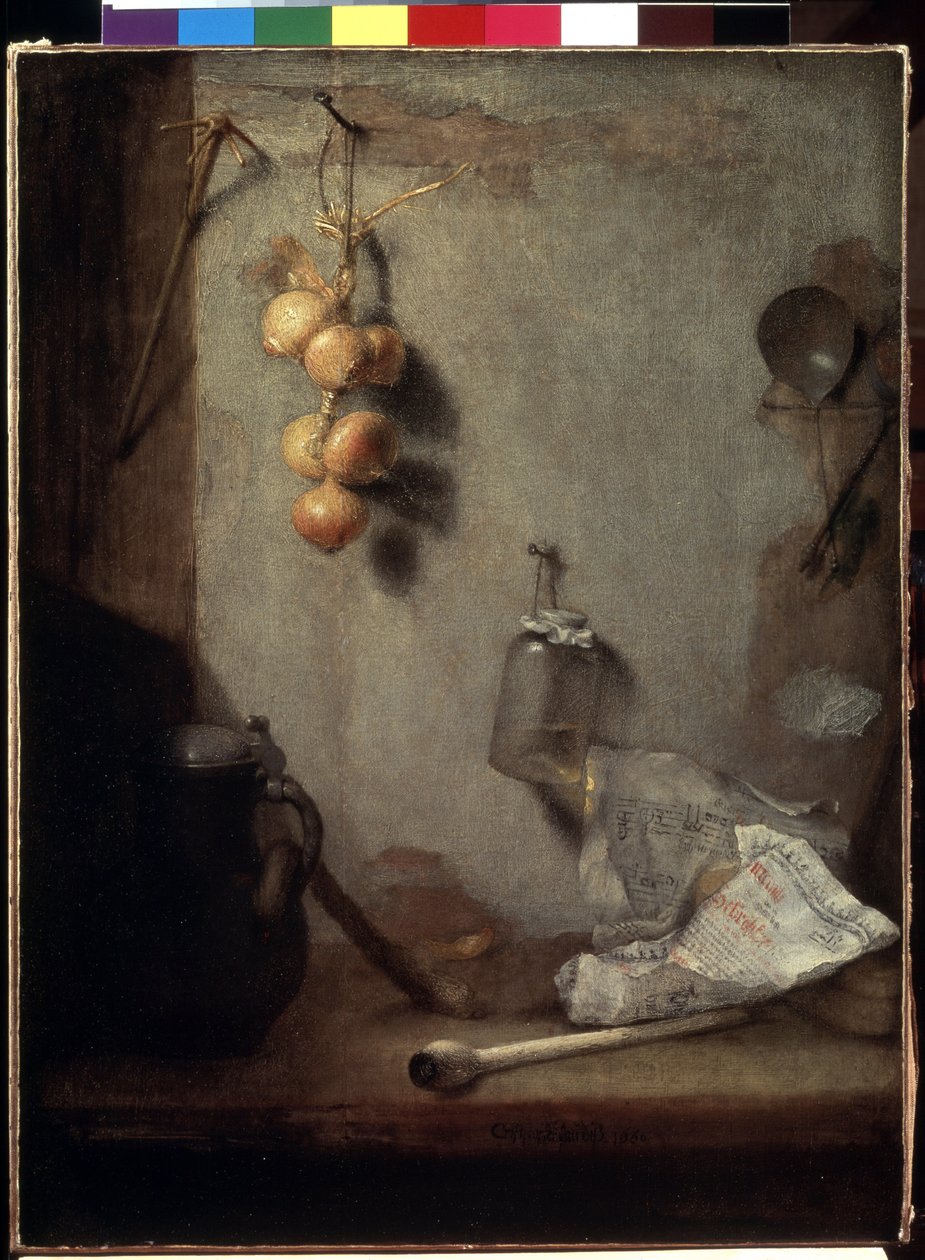 ""Still life"" (Still life) Løg, køkkenbord og glaskrukke"" Maleri af Christopher Paudiss (1630-1666) 1660 Dim. 62x46,5 cm Eremitagemuseet, Sankt Petersborg af Christoph Paudiss