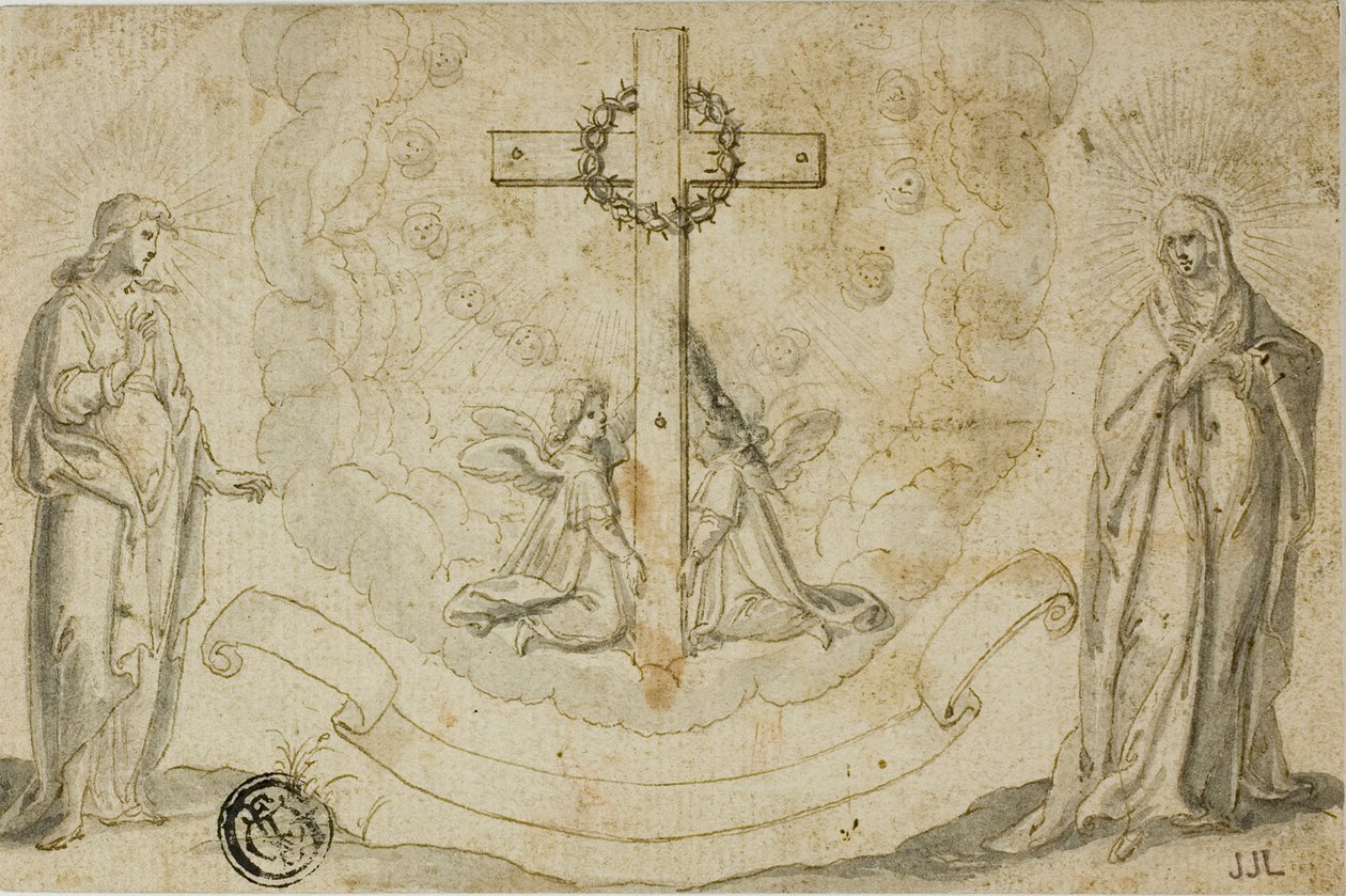 Jomfru Maria og Johannes Evangelisten ser et syn af korset holdt af to engle af Christoph Schwarz