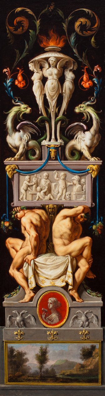 Studie til en komposition med Ignudi og grotesker og en allegori over skulptur, ca. 1776 (olie på lærred) af Christoph Unterberger