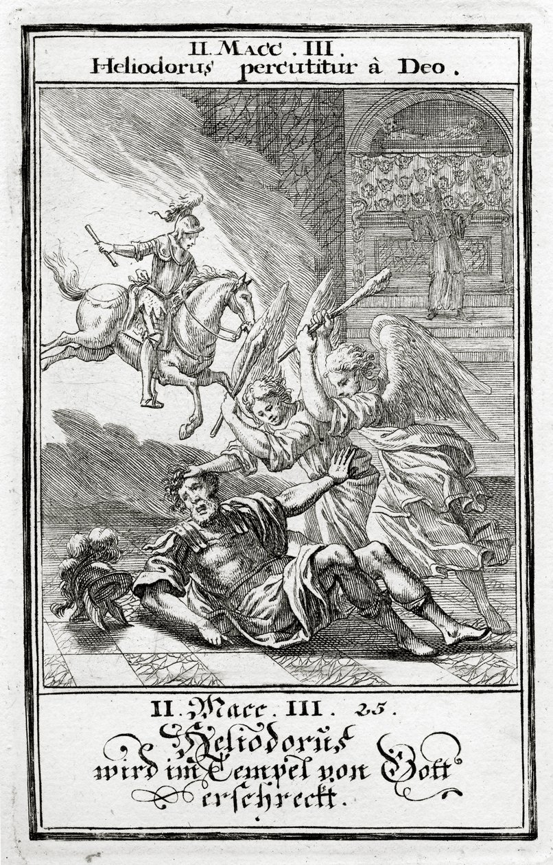 Gud skræmmer Heliodorus i et tempel, 2 Makkabæer (3:21-28), 1695 af Christoph Weigel