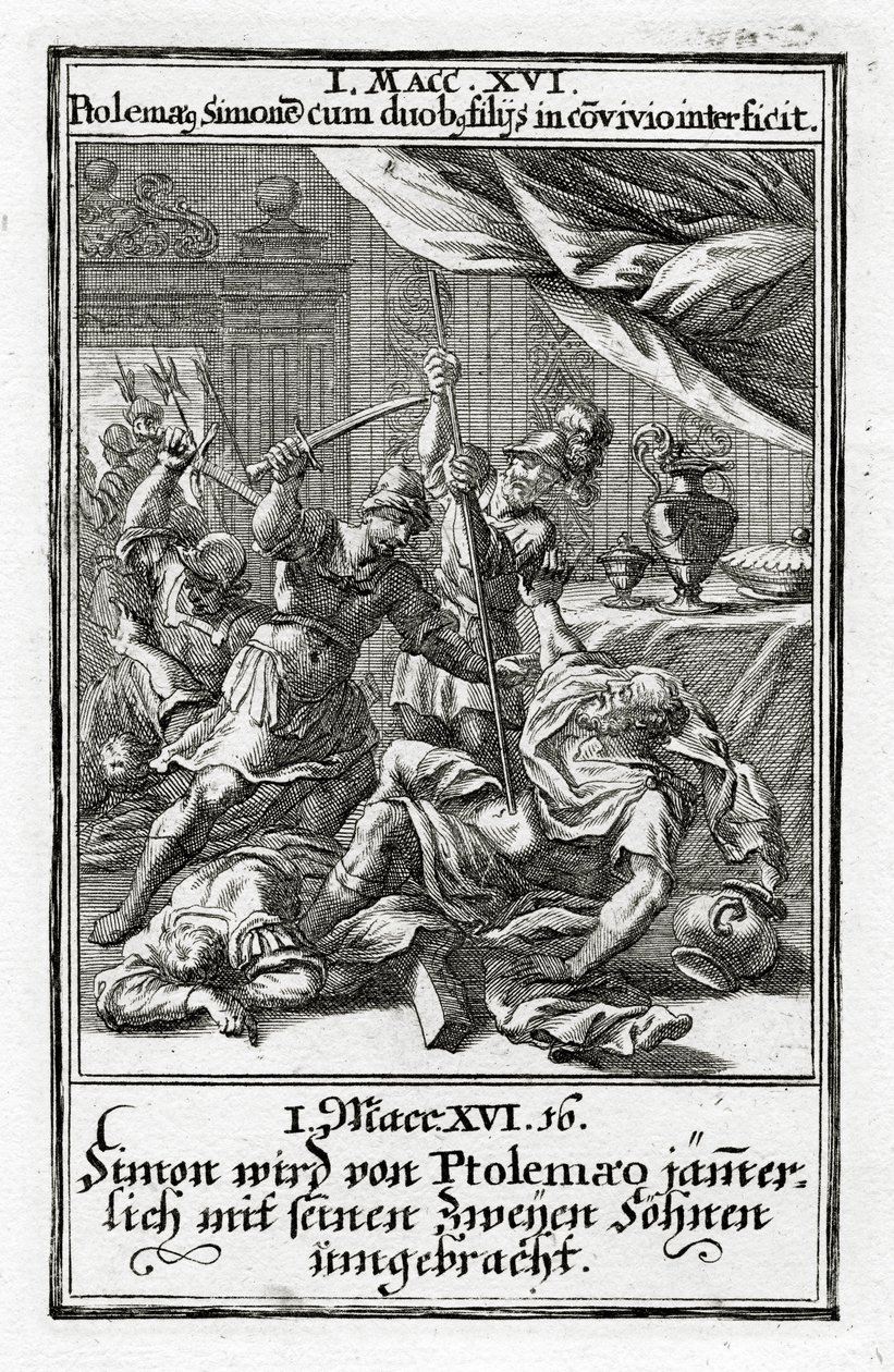 Simon og hans to sønner bliver dræbt af Ptolemæus.1 Makkabæerbrevet 14:16, 1695 af Christoph Weigel