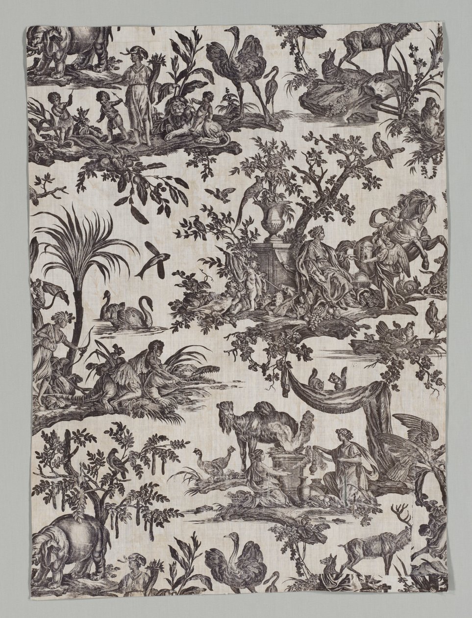 Fragment af kobbertrykt bomuld med Les quatres parties du monde Design, 1788. af Christophe Philippe Oberkampf