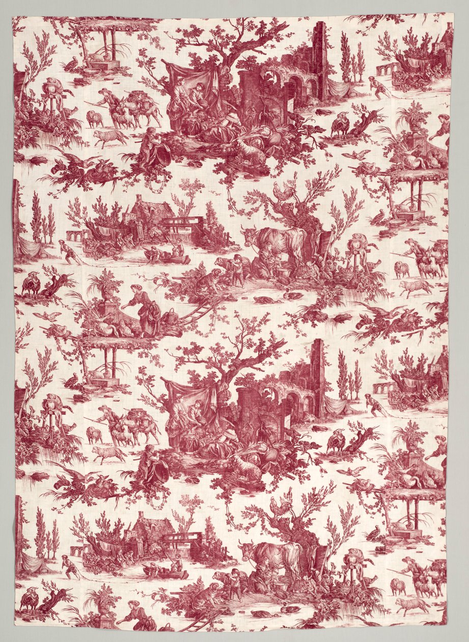 Strimmel af kobbertrykt bomuld med Les plaisirs de la ferme-design, 1785-1790. af Christophe Philippe Oberkampf