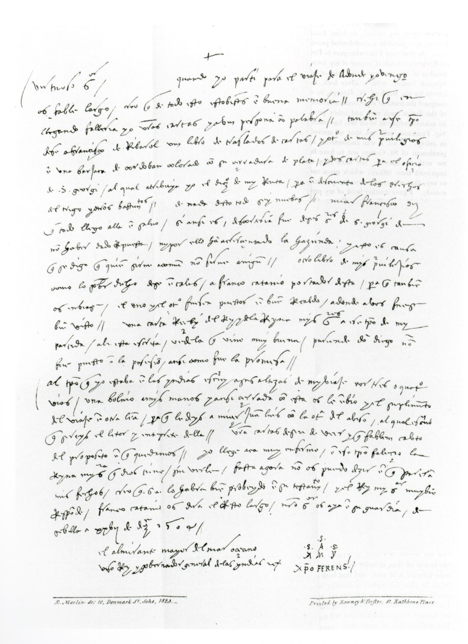 Brev fra Columbus fra december 1504 til doktor Oderigo, fra "Memorials of Columbus; or A Collection of Authentic Documents of That Celebrated Navigator", udgivet i 1823 (sw foto af Christopher Columbus