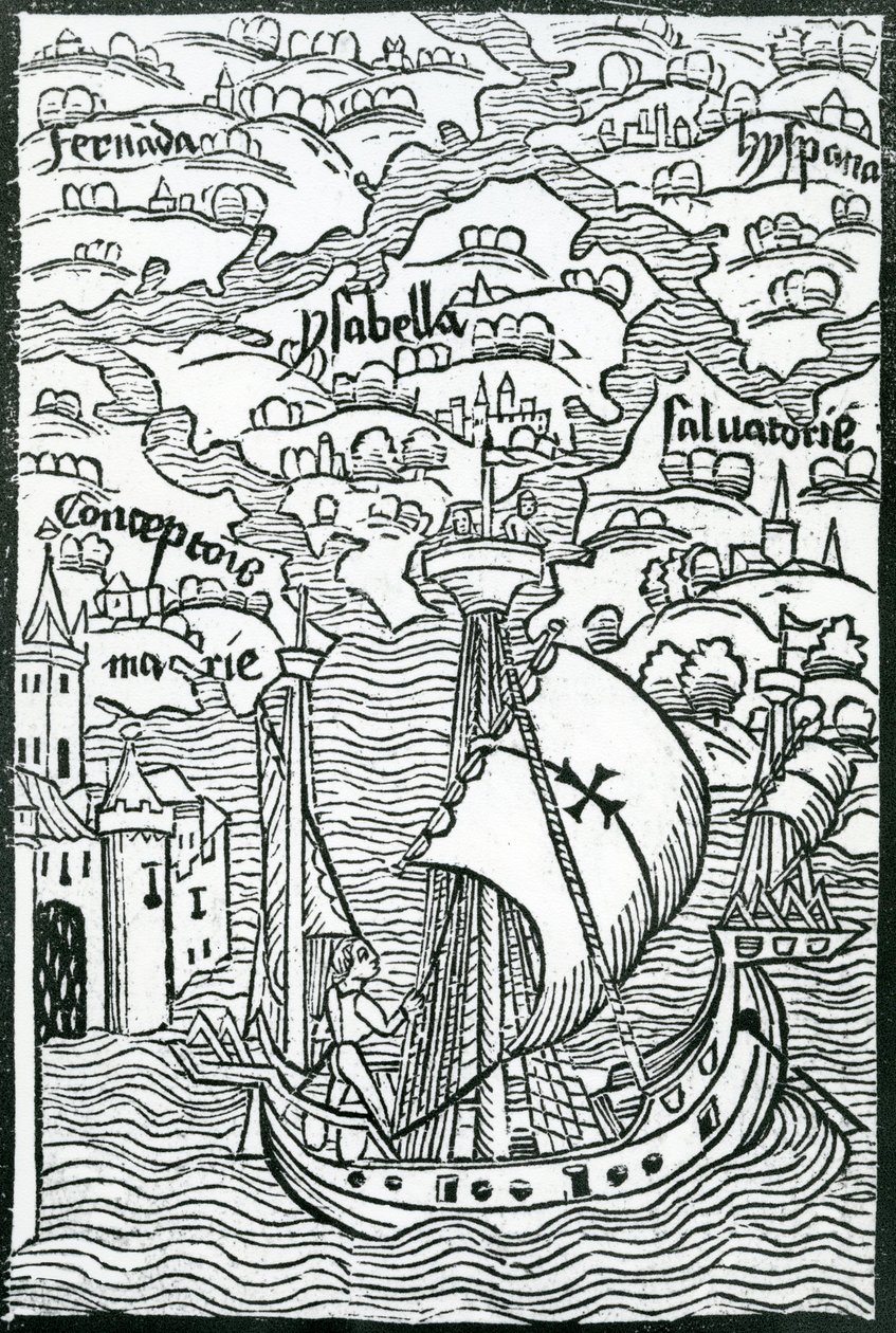 Kort, der beskriver øerne Salvador, Espanola, Fernanda, Isabella og Conception, 1493 af Christopher Columbus