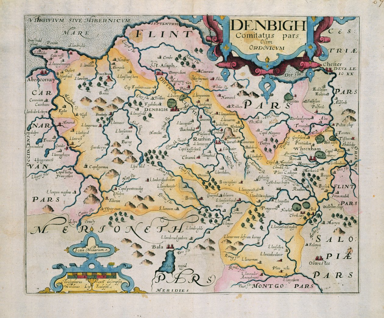 Kort over Denbigh og Flint, fra "Britannia" af William Camden, 1637 (kobberstik) af Christopher Saxton