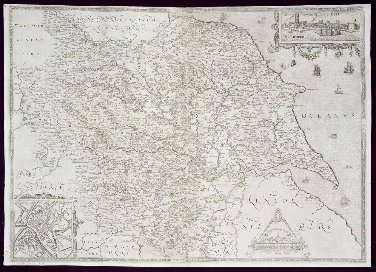 Kort over Yorkshire, indgraveret af William Web, udgivet 1645 af Christopher Saxton