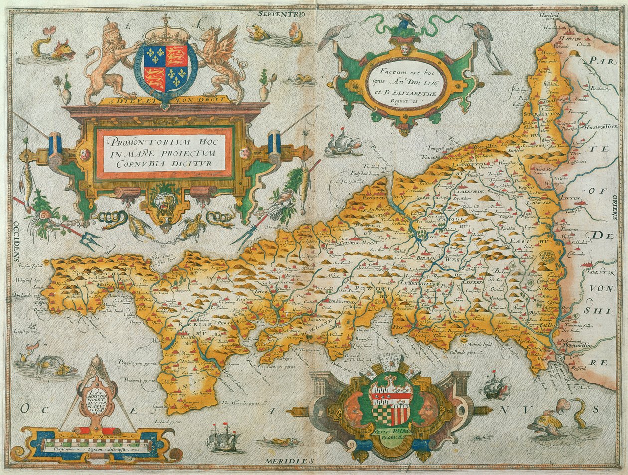 Kort over County of Cornwall, 1579 (håndfarvet gravering) af Christopher Saxton