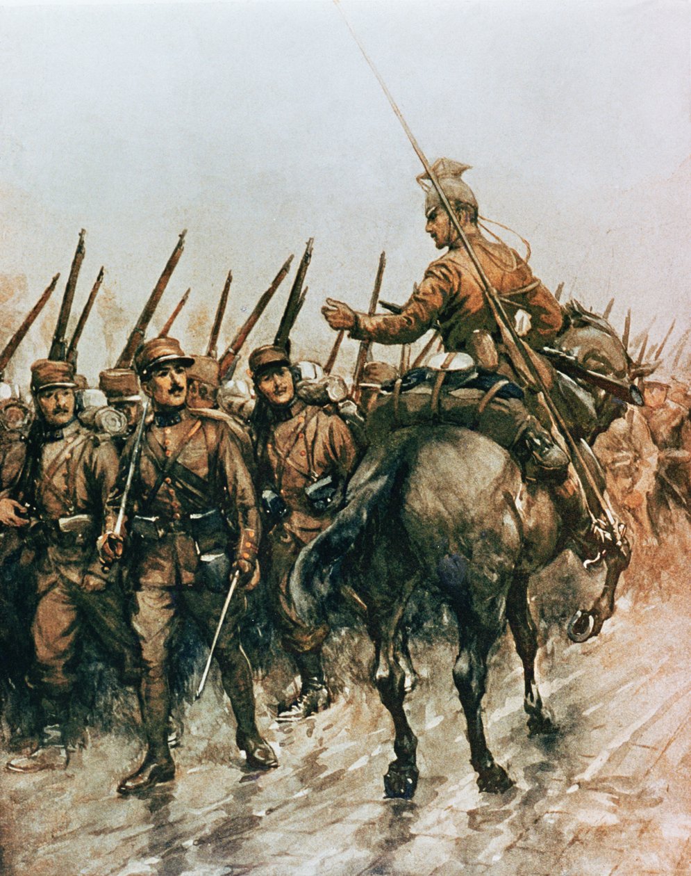 Lancer fra det belgiske guidekorps passerer fransk infanteri, der marcherer til fronten i 1914 (farve litho) af Christopher (after) Clark
