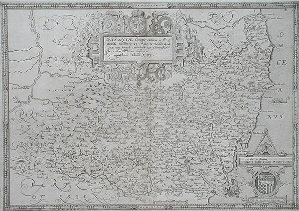 Kort over Suffolk, indgraveret af William Web af Christopher (after) Saxton