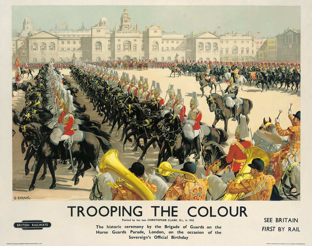 Trooping the Colour, plakat, der reklamerer for British Railways, ca. 1950 (farve litho) af Christopher Clark