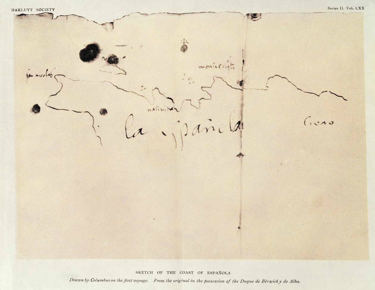 Skitse af Espanolas kyst, tegnet af Columbus på den første rejse, fra originalen i Duque de Berwick y de Albas besiddelse, 1492 (blæk på papir) af Christopher Columbus
