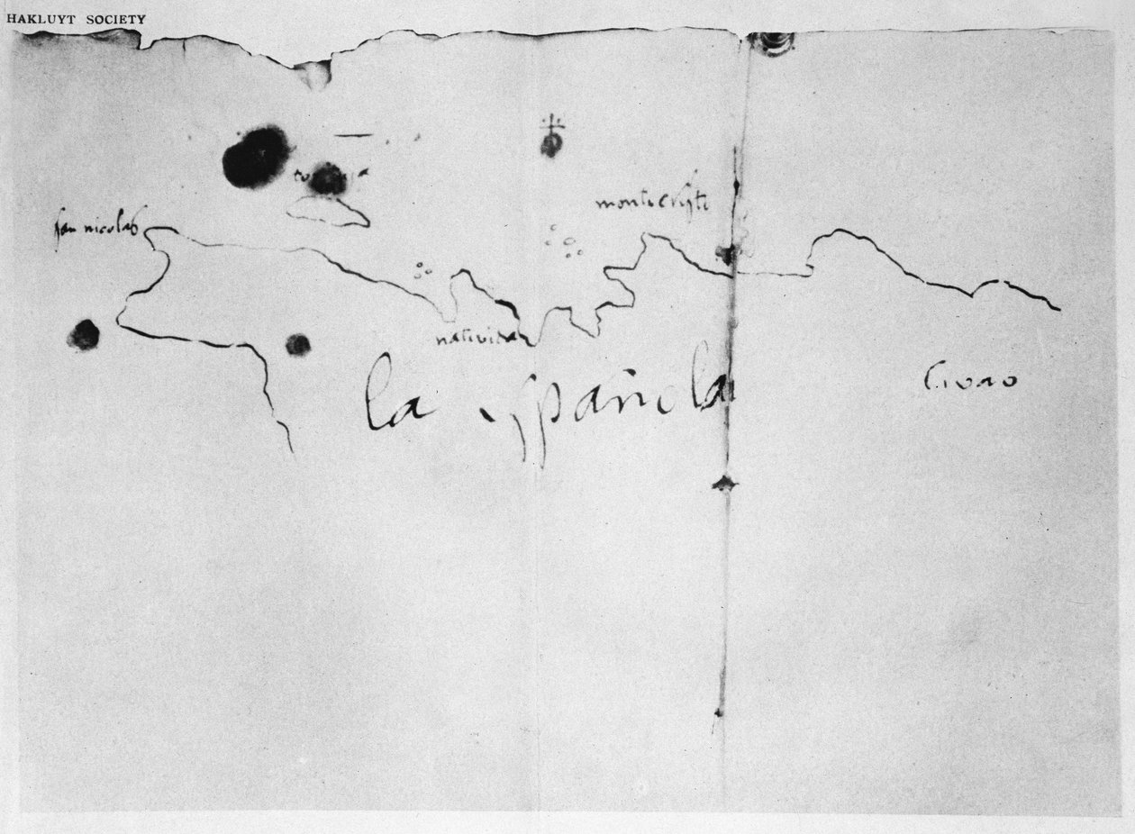 Skitse af Espanolas kyst, tegnet af Columbus på den første rejse, fra originalen i Duque de Berwick y de Alba, 1492 (blæk på papir) af Christopher Columbus