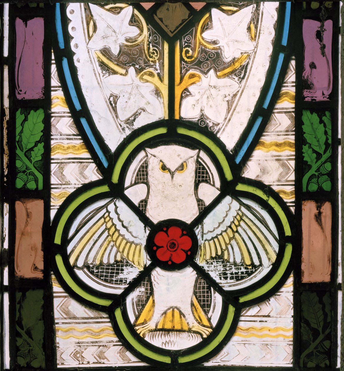 Ugle og blomst, 1865 (farvet glas) af Christopher Dresser