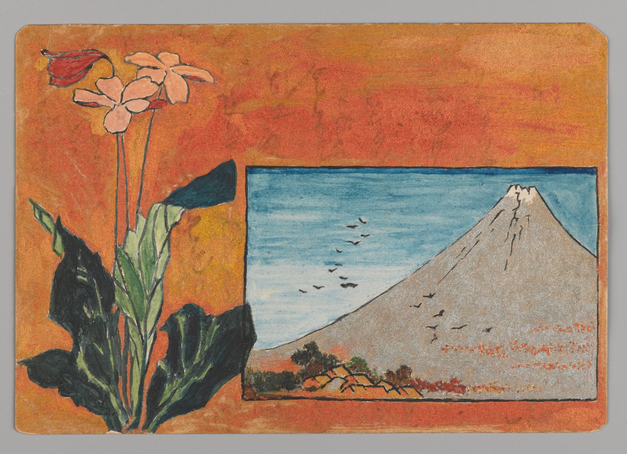 Lille kort med Fuji-bjerget og blomster af Christopher Grant La Farge
