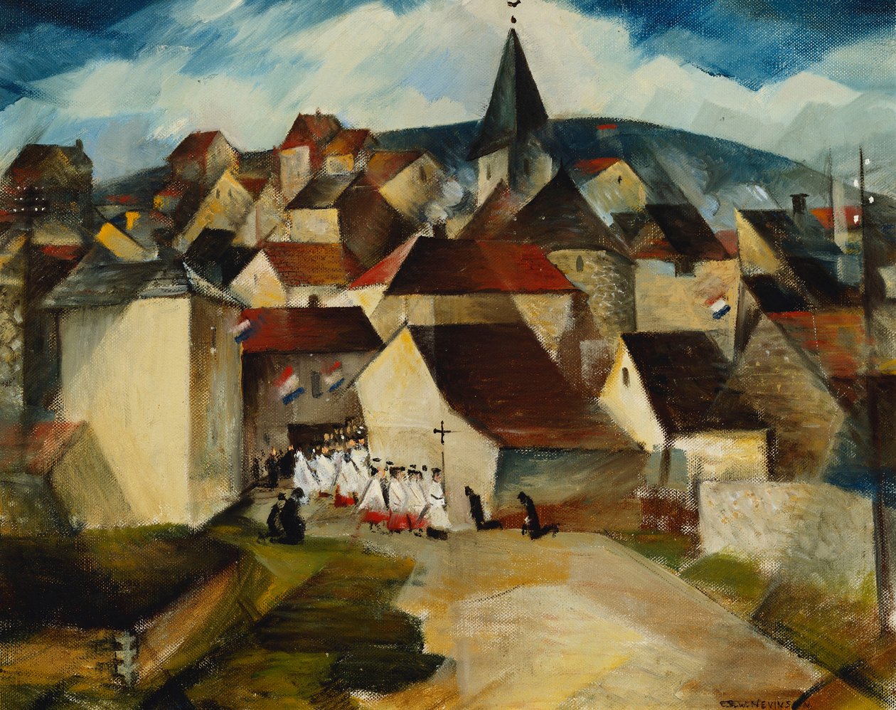 En landsbyprocession, Frankrig, ca. 1923 af Christopher Richard Wynne Nevinson