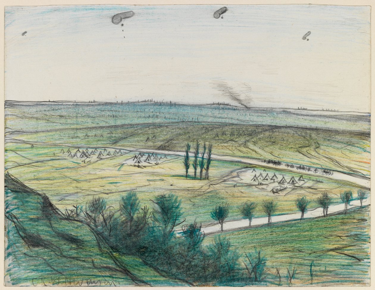 Landskab med observationsballoner, 1914-18 (blyant og farveblyant på papir) af Christopher Richard Wynne Nevinson