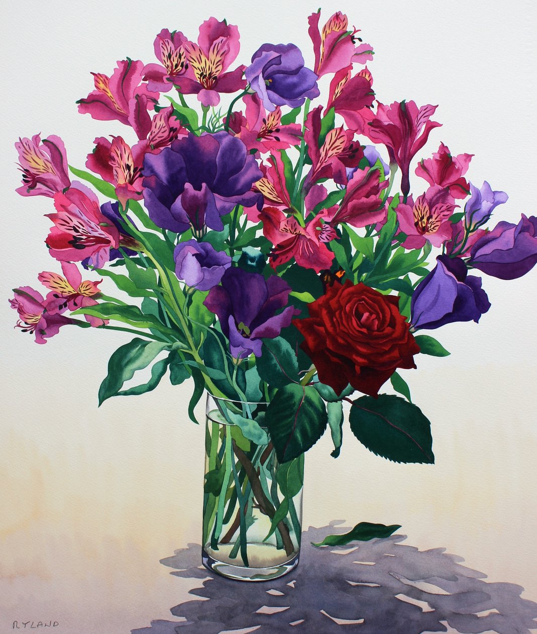 Blomster med rød rose (akvarel på papir) af Christopher Ryland