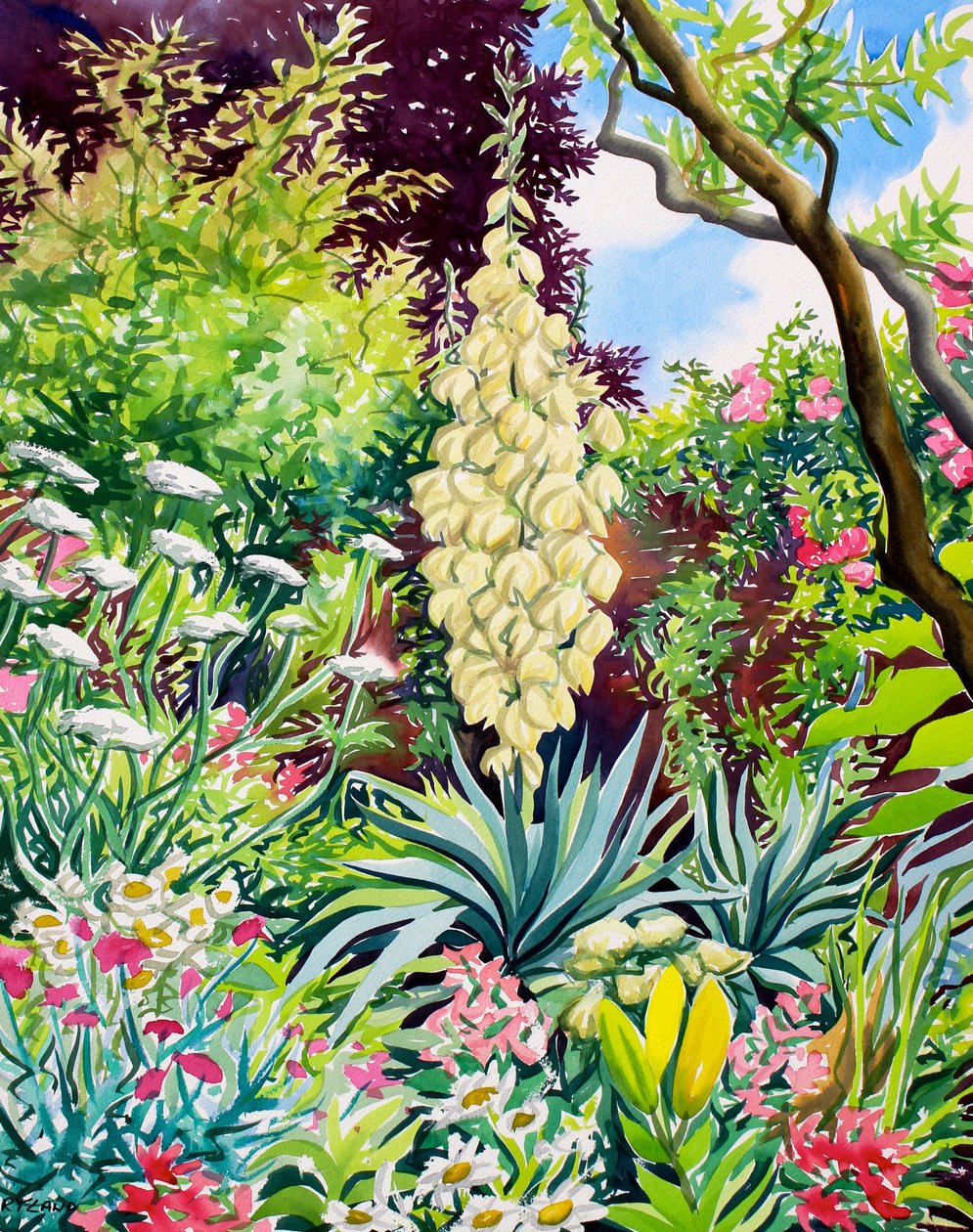 Have med blomstrende Yucca (akvarel på papir) af Christopher Ryland