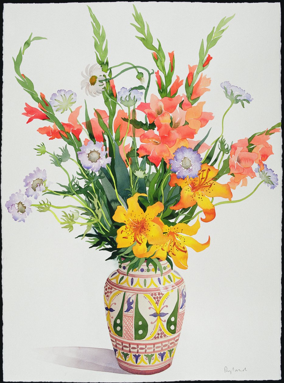 Orange og blå blomster i en marokkansk vase (wc) af Christopher Ryland