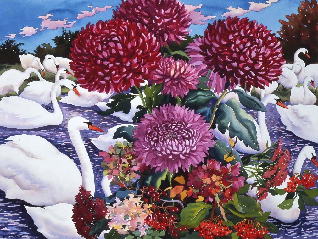Svaner og krysantemum, 2005 (akvarel på papir) af Christopher Ryland