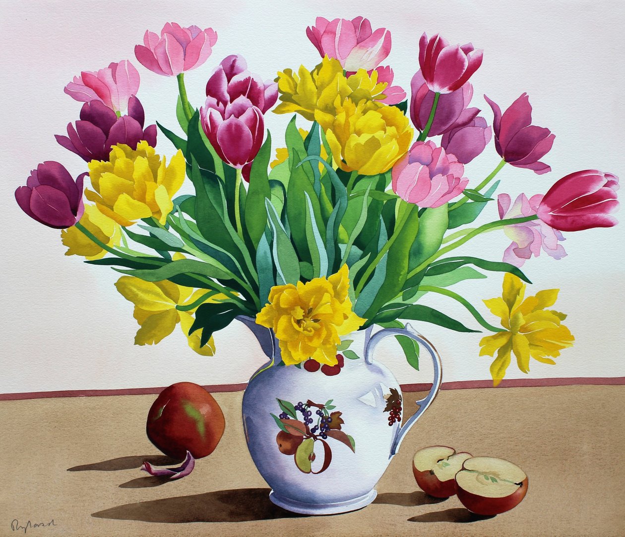 Tulipaner i kande med æbler (akvarel på papir) af Christopher Ryland