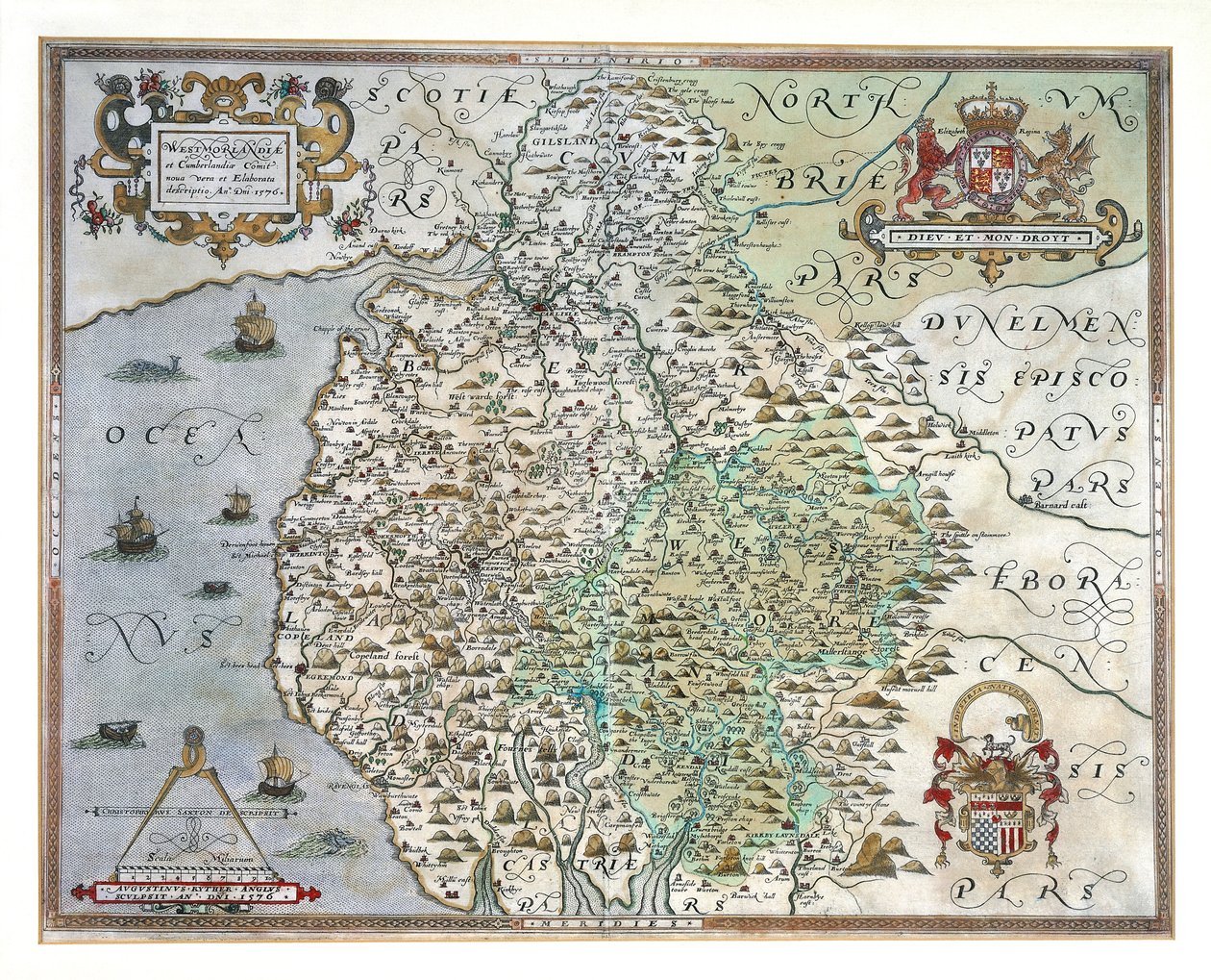 Et kort over Westmorland og Cumberland, 1576 af Christopher Saxton