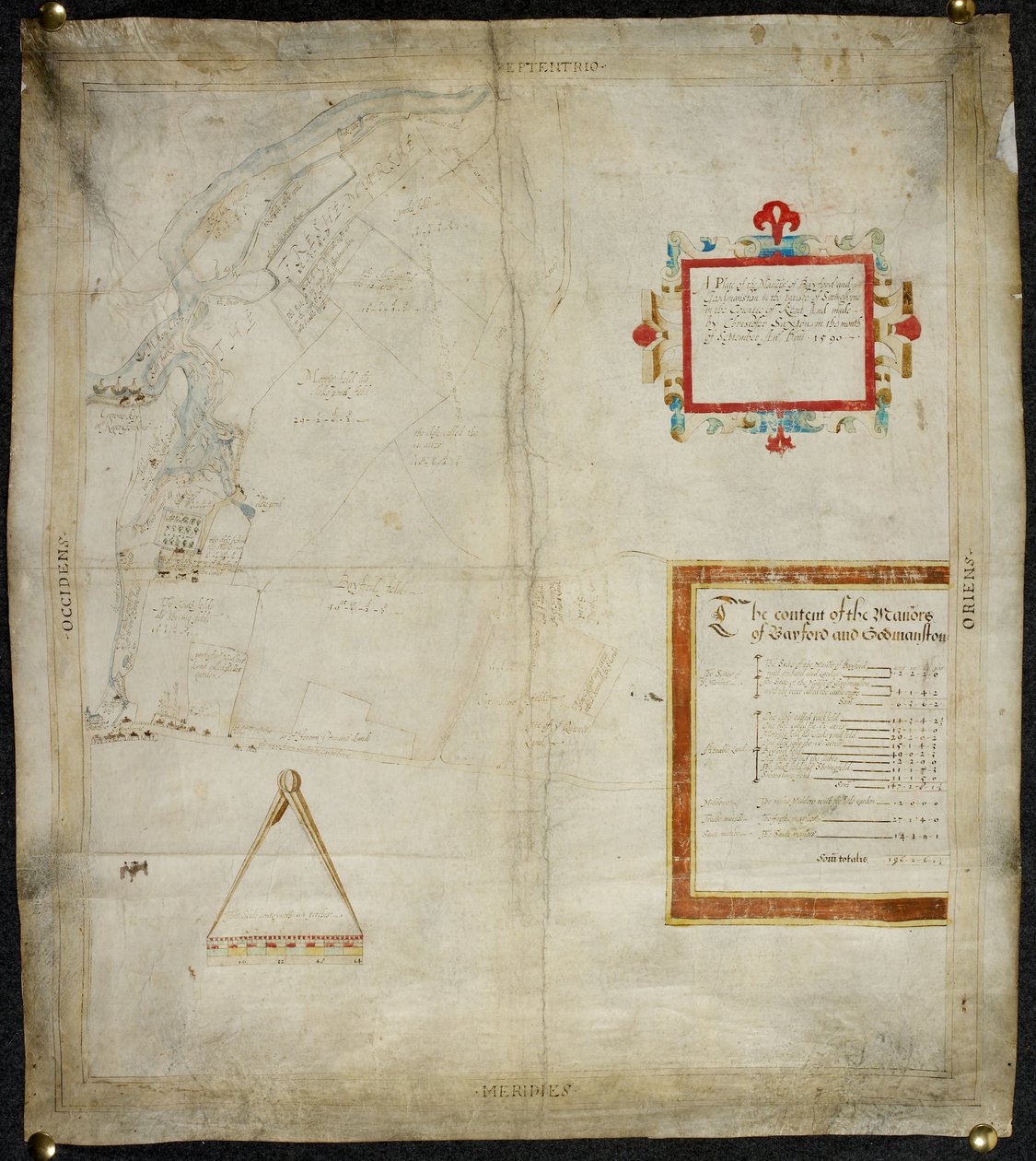Kort over Bayford og Goodmanston herregårde i Murston og Sittingbourne, co. Kent: 1590 (blæk og farvevask på pergament) af Christopher Saxton