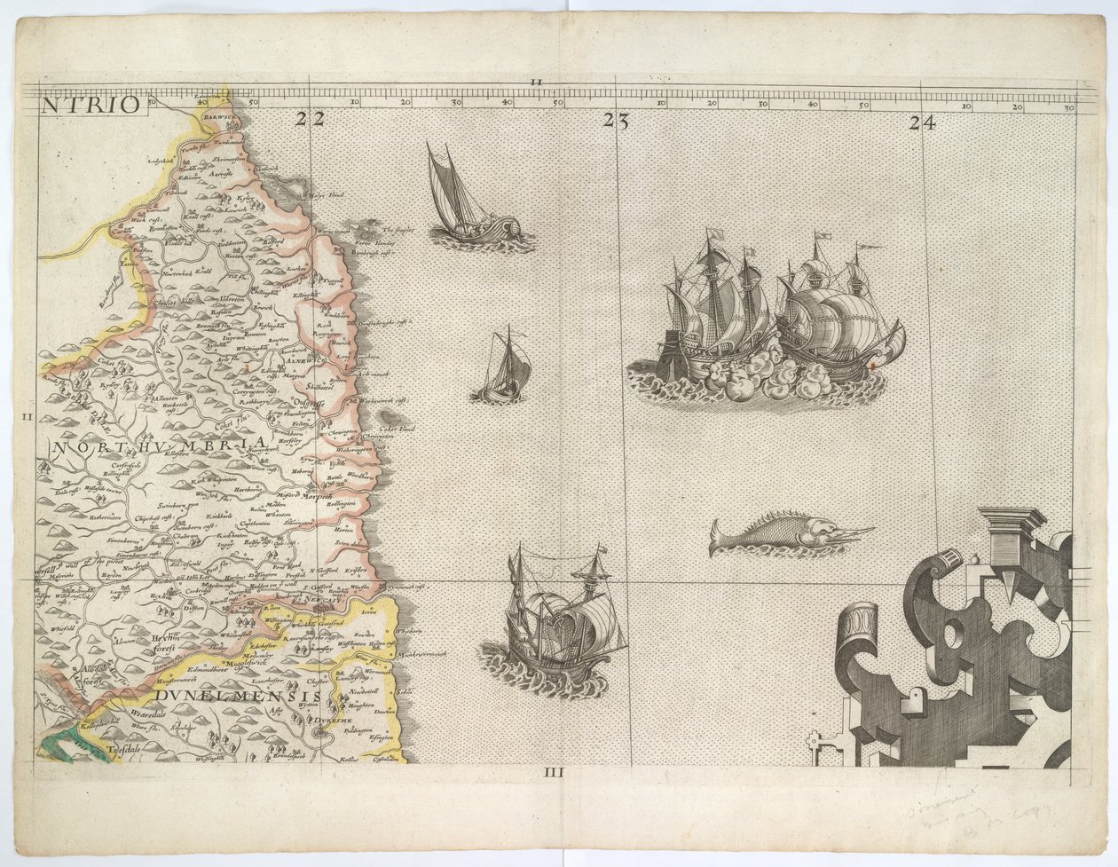 Northumbria og det nordøstlige England, fra Saxtons vægkort fra 1583 (stik) af Christopher Saxton
