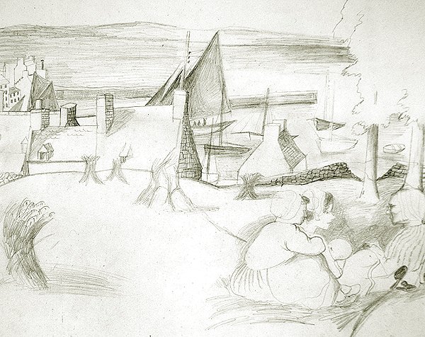 Breton Fishing Village, ca. 1929-30 (blyant på papir) af Christopher Wood