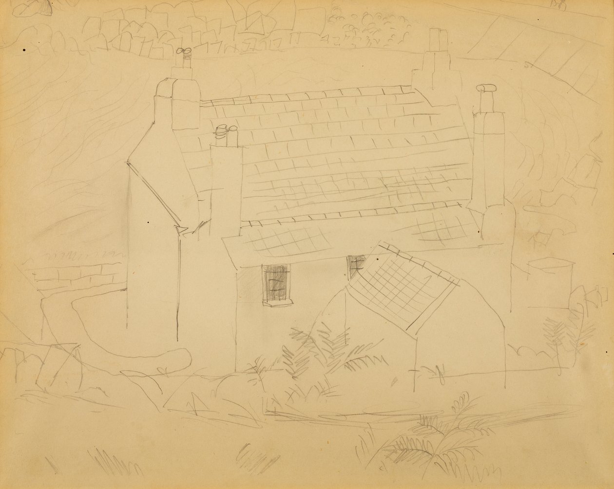 Cottage, Cornwall (blyant på papir) af Christopher Wood