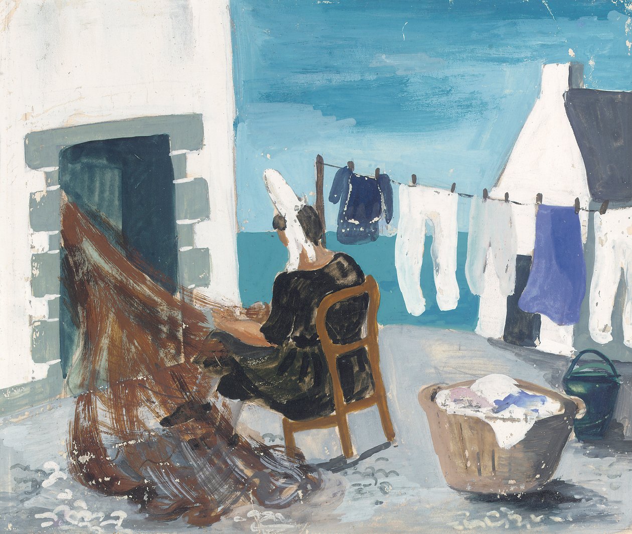 Mending Nets, Tréboul, ca. 1930 (blyant og gouache på papir) af Christopher Wood