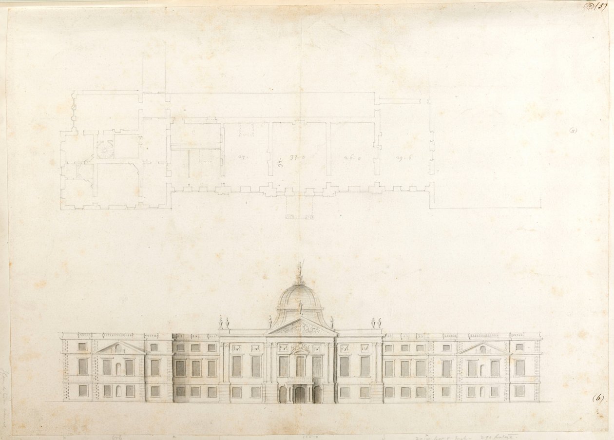 Hampton Court Palace, delplan og skitseopstalt for en indgangsfacade, sandsynligvis for 2. skema, nummereret 5 & 6 af Christopher Wren