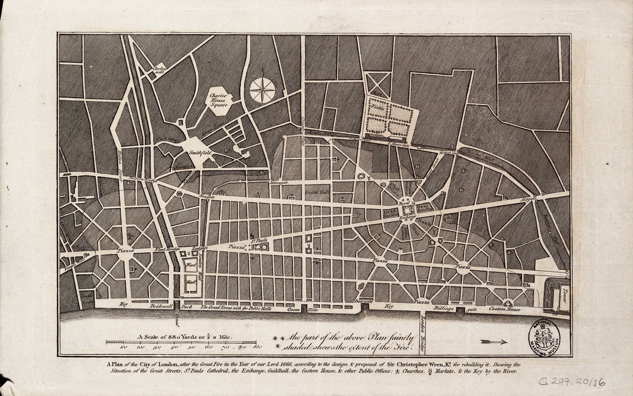 Plan over City of London efter den store brand i 1666 (print) af Christopher Wren