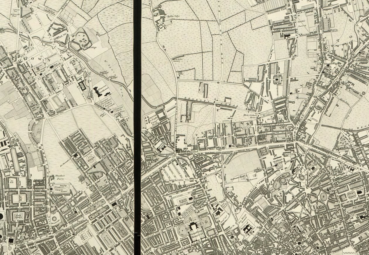 Detalje af området omkring Pentonville, fra kort over London, fra en faktisk opmåling foretaget i årene 1824 af Christopher and John (fl.1821 40) Greenwood