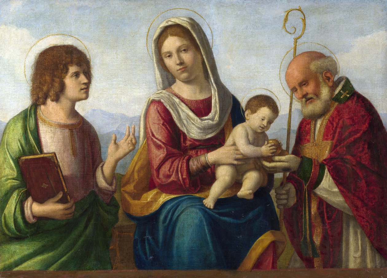 Madonna og barn mellem de hellige Johannes Evangelisten og Nicholas af Bari af Cima da Conegliano
