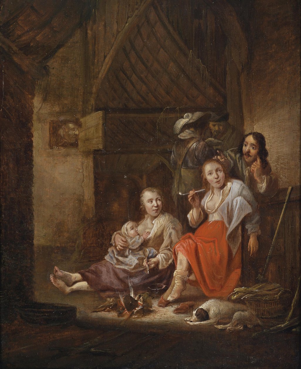 Landligt interiør med figurer ved en pejs af Circle of Anthonie Palamedes