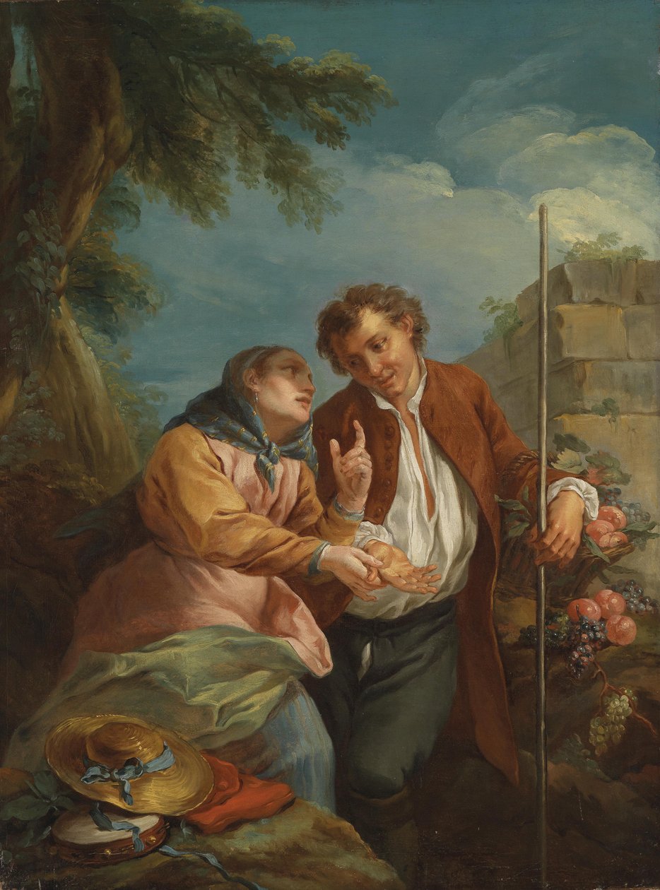 En palmelæser og en ung frugt sælger af Circle of Charles André van Loo